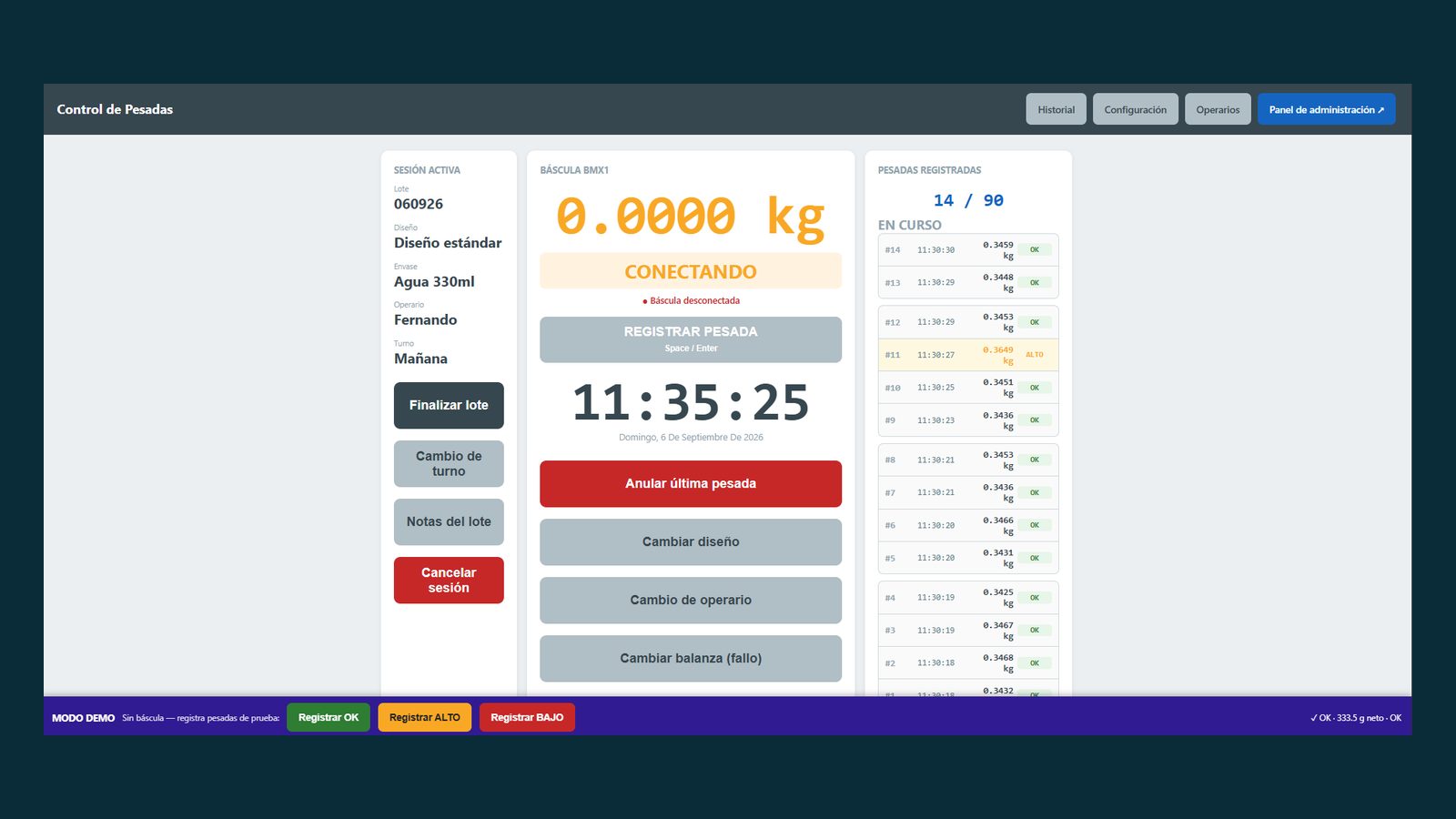 Pantalla de control de pesadas: la sesión del lote, el peso en directo y las pesadas ya registradas con su hora y su verificación.